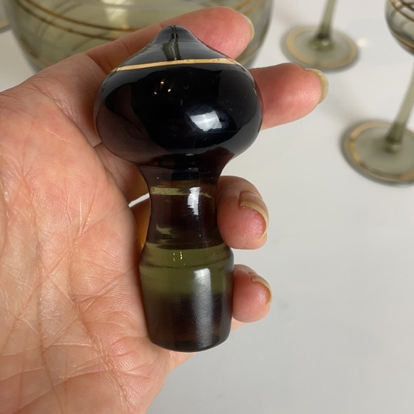 Vintage Bohemian MCM Gold Striped Smokey Topaz Decanter Set - Picture 6 of 13